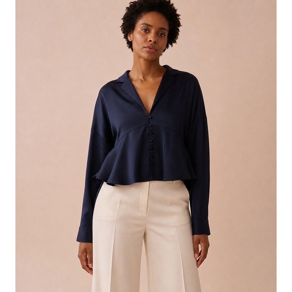 La Vie en Rose Women's Navy Satin Flared Button-Down Peplum Shirt NWT